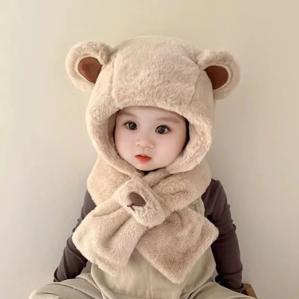 Solid Color Bear Plush Hat Fashion Design Korean Style Children Fleece Hat Muffler Cartoon Plush Hat with Scarf Face Protection