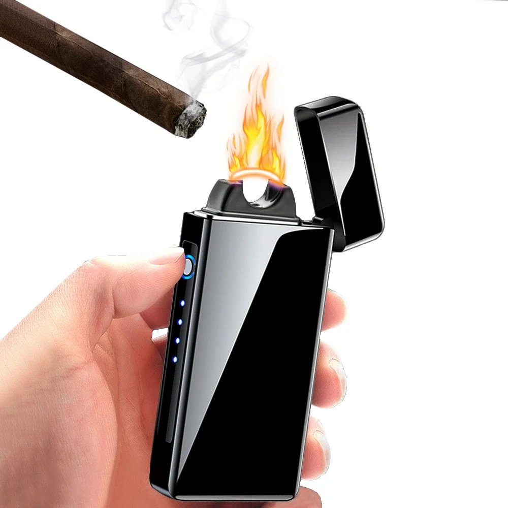 New Electric Flame Lighter Metal Windproof Plasma Arc Lighter USB Charge Cigar Pipe Lighters With LED Power Display For Men Gift