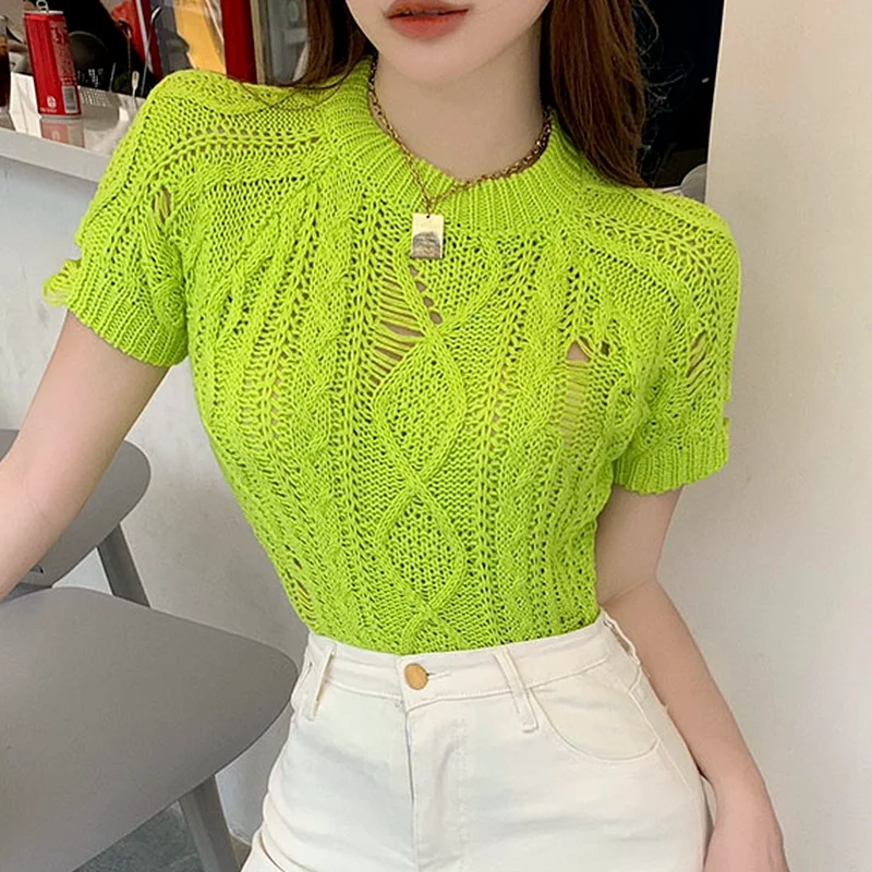 

Fashion Streetwear Women's New Summer Hollow Out Sweater Knitwear Slim Short T-shirts 2024 T-shirt Female Sexy Short Sleeve Tops