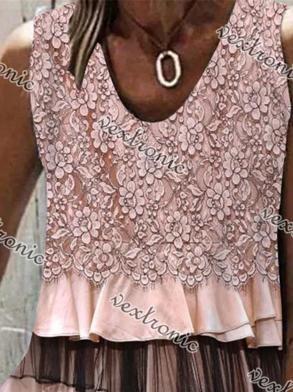 Top sin mangas con cuello en V y costuras estampadas para mujer, talla grande