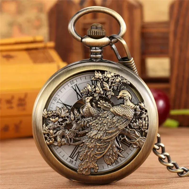 Antique Hollow-out Phoenix Clock Mechanical Hand Winding Pocket Watch for Men Women Roman Number Skeleton Fob Chain