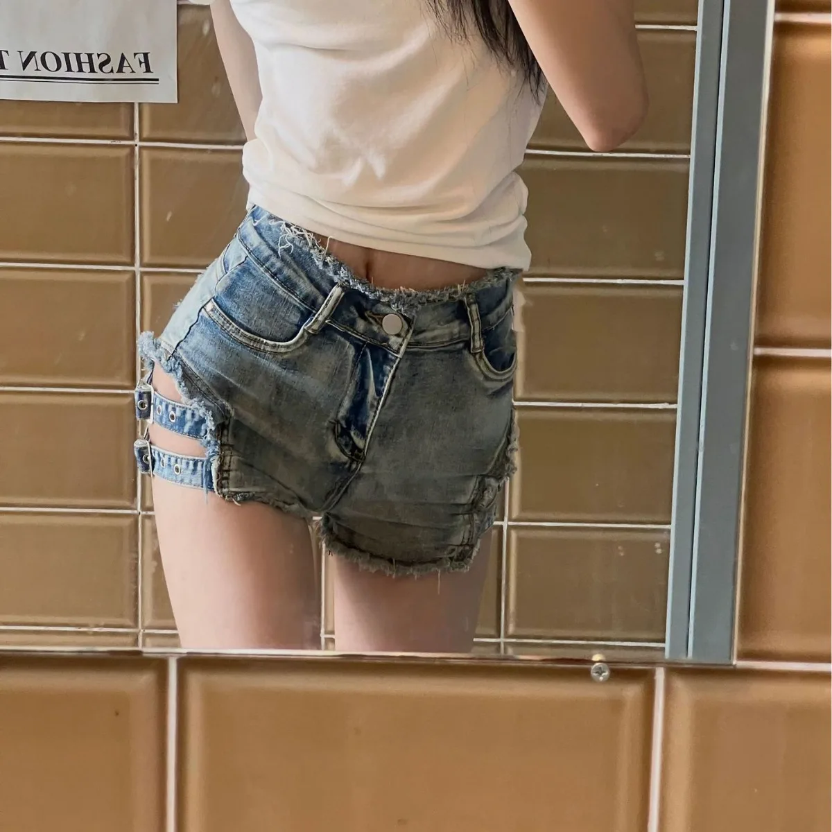 648# Sexy High Waist Denim Shorts Hollow Out Ripped Jeans Slim Fit Clubwear Nightclub Streetwear - view 3