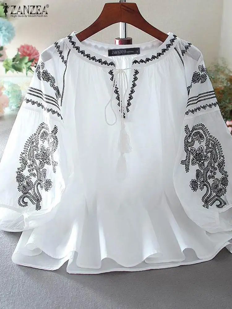 Zanzea Blumen gedruckt Urlaub Blusas Mujer Schnürung V-Ausschnitt 3/4 Ärmel lose Herbst Tunika Tops Frauen lässig Mode Vintage Bluse