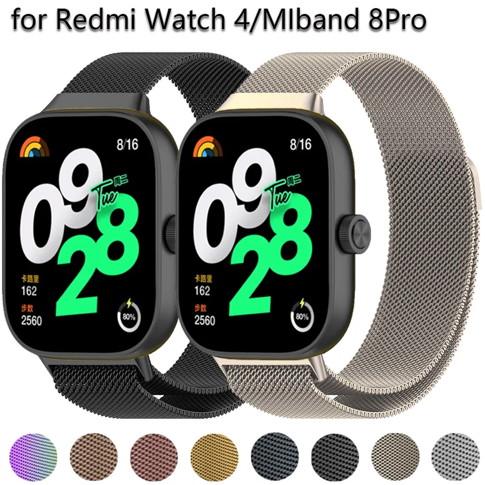 Pulseira de aço inoxidável para relógio Redmi 4, laço de metal, pulseira magnética para Xiaomi MiBand 8 Pro, pulseira Milanese Loop