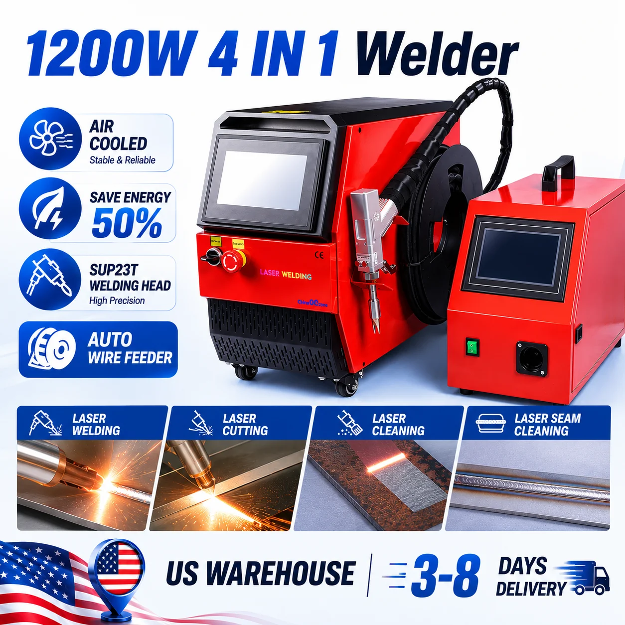 1200W Air Cooled Laser Welder 4IN1 Laser Welding Machine for Metal Welding Cleaning Cutting Air Cooling Welding