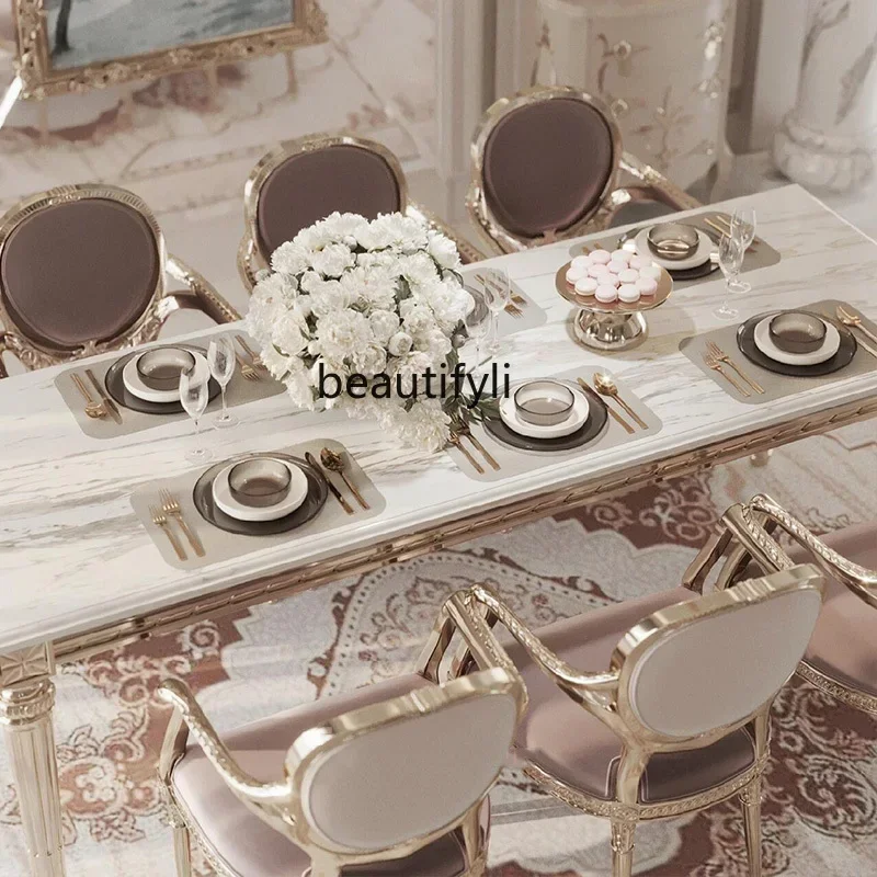 yj32 Retro small French solid wood dining table luxury, restaurant rectangular marble dining table dining chair