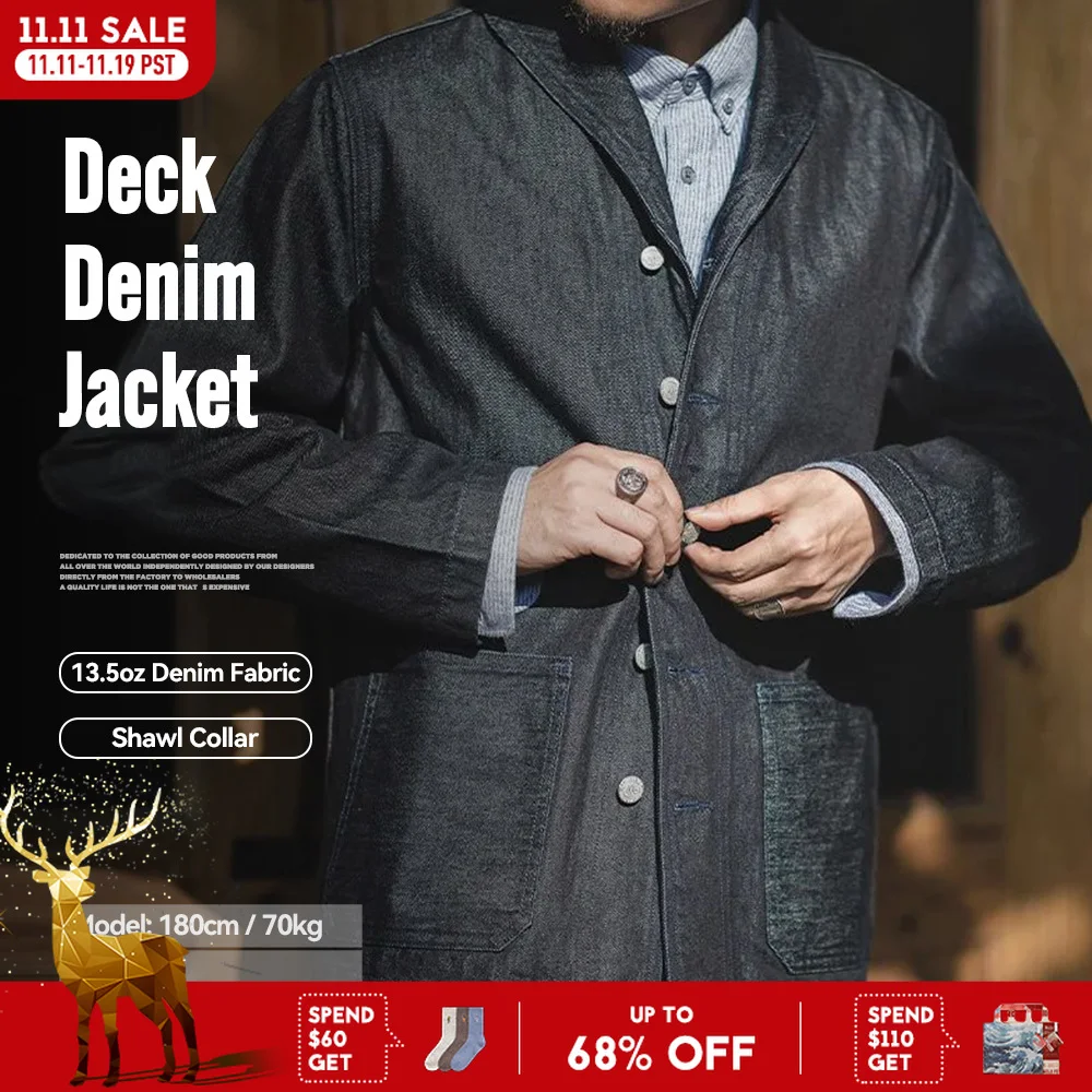 

Maden винтажная джинсовая куртка 13.5oz из плотного хлопка, классический однотонный отложной воротник, охотничий стиль с множеством карманов и застежкой на пуговицы, мужская куртка для осени
