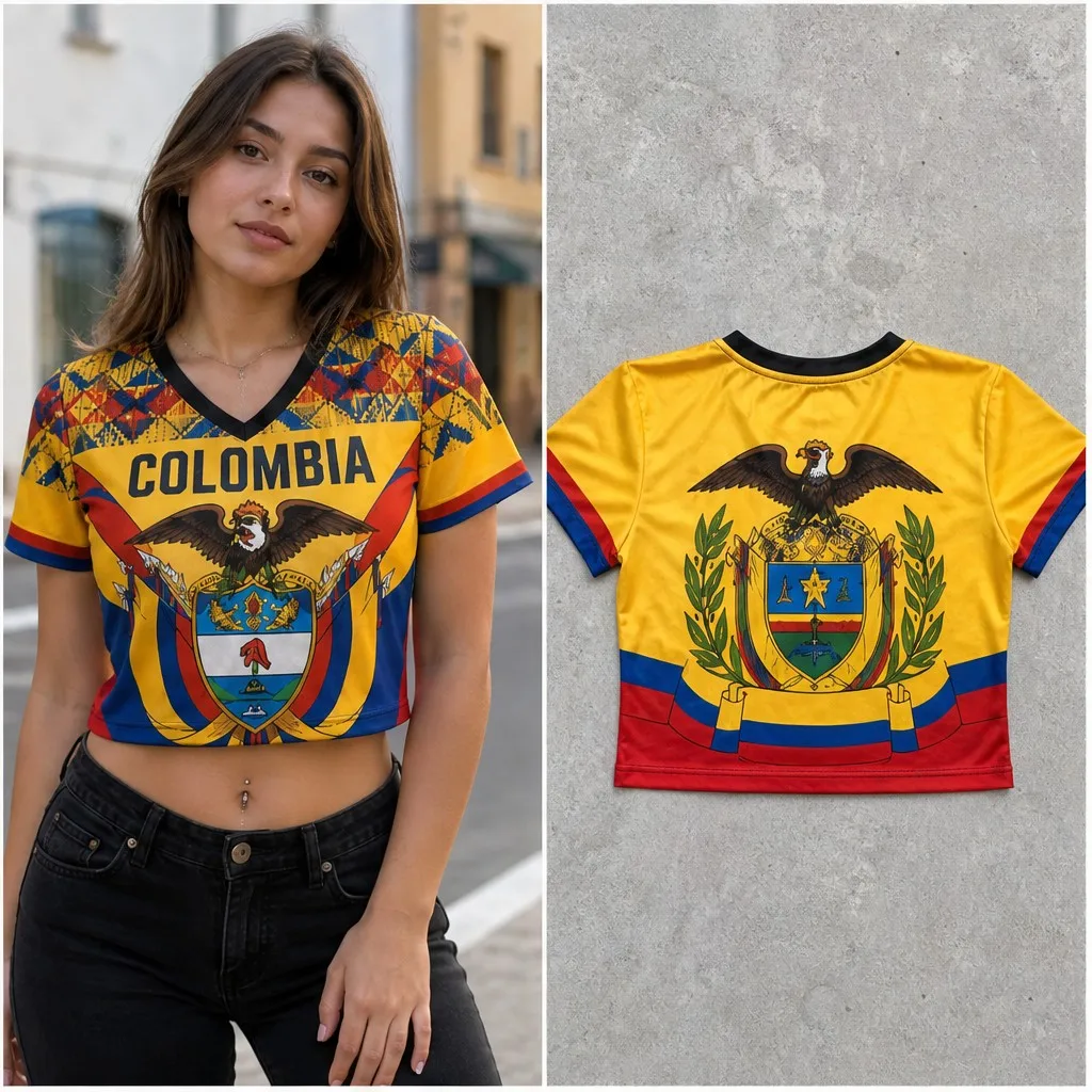 Womens Colombia V Neck Short Sleeve Crop Top Eagle Crest Laurel Graphic Casual Summer Shirt for Street Travel Festival Dailywear