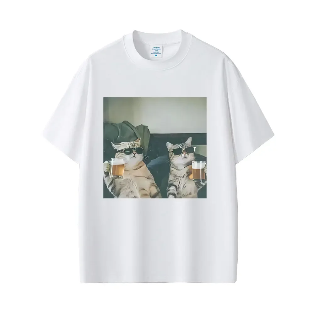 كول القط شرب البيرة مضحك الرموز التعبيرية تي شيرت الرجال عادية القطن ريترو قصيرة الأكمام تي شيرت الرجال موضة الجولة الرقبة قمم تي شيرت