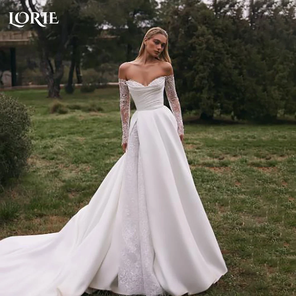 

LORIE Vintage Lace Wedding Dresses Long Sleeves Off Shoulder Brush Train A-Line Appliques Bridal Gown Bride Dress Customized