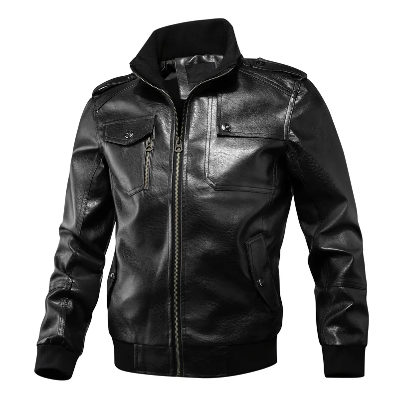 Men Faux PU Leather Biker Jacket Stand Collar Shoulder Strap Multi Zipper Pocket Slim Casual Motorcycle Outerwear 2 Colors