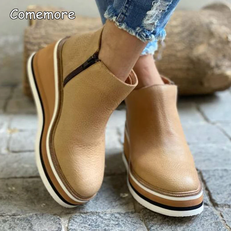 Comemore 2023 Basic High Wedges Solid Color Roound Toe Femsle Shoes Spring and Autumn Ladies Boots Non Slip Platform Women Pumps