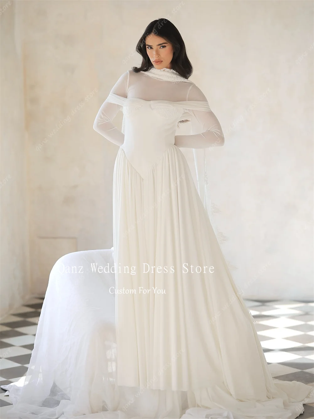 Qanz Modest Long A Line Wedding Dress Off The Shoulder 2 Pieces Vestido De Festa Elegante Feminino Luxo Bridal Gowns Customized