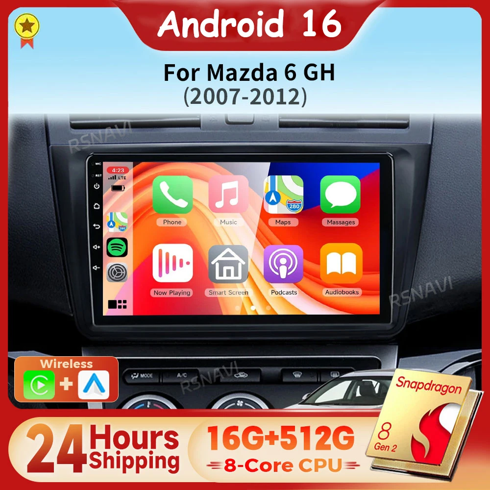Android 16 Car Radio Navigation Multimedia Player For Mazda 6 GH Rui Wing 2007 - 2012 Video Stereo Carplay Auto 24-Hour Shipping