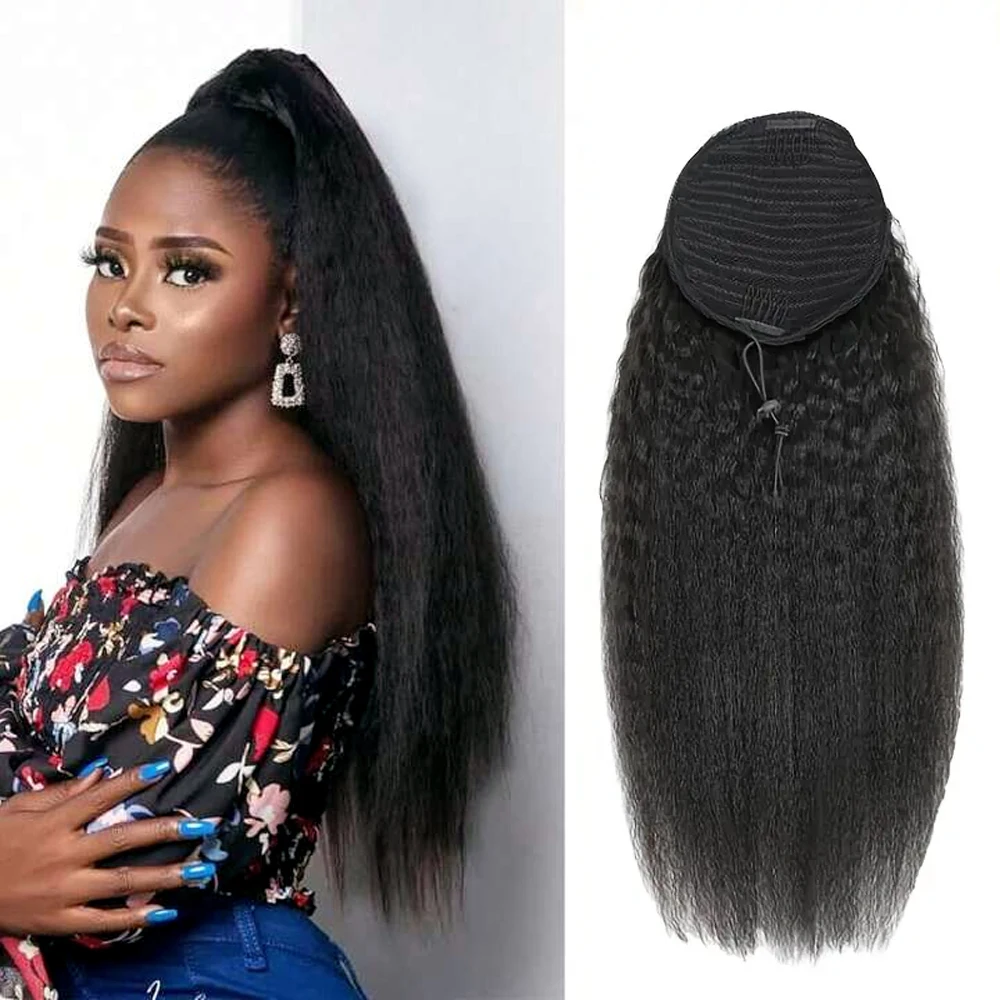 Kinky Straight Drawstring Ponytail Extensions 100g Natural Black #1B Remy 100% Real Human Hair Clip Ins Wrap Around Pony Tails