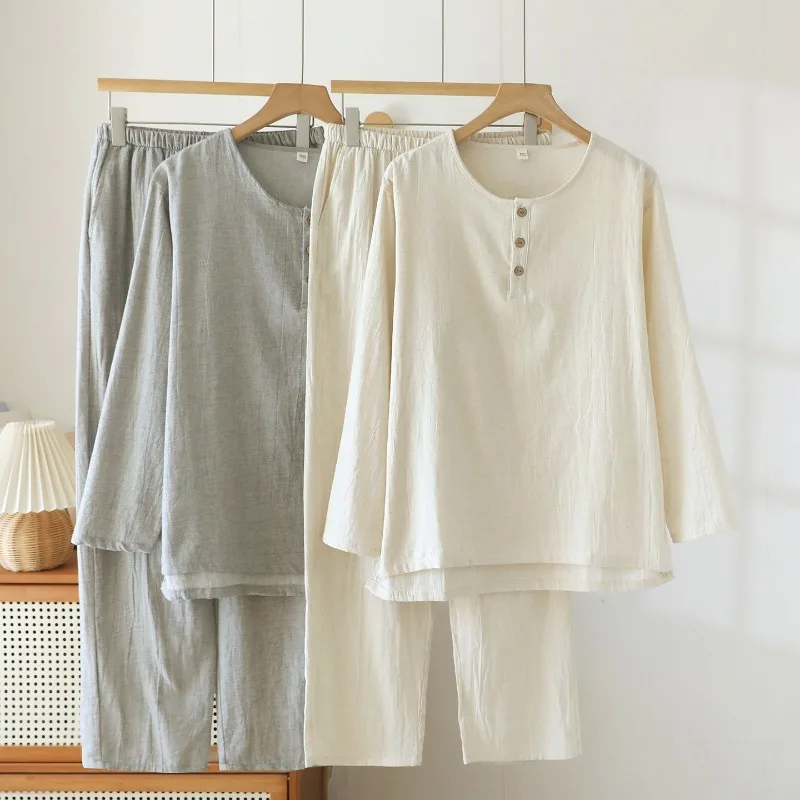 2026 Spring and Autumn New Men's Pajama Set All Cotton Cotton Hemp Pajama Men's Simple Long Sleeve Large Home Furnishing Set