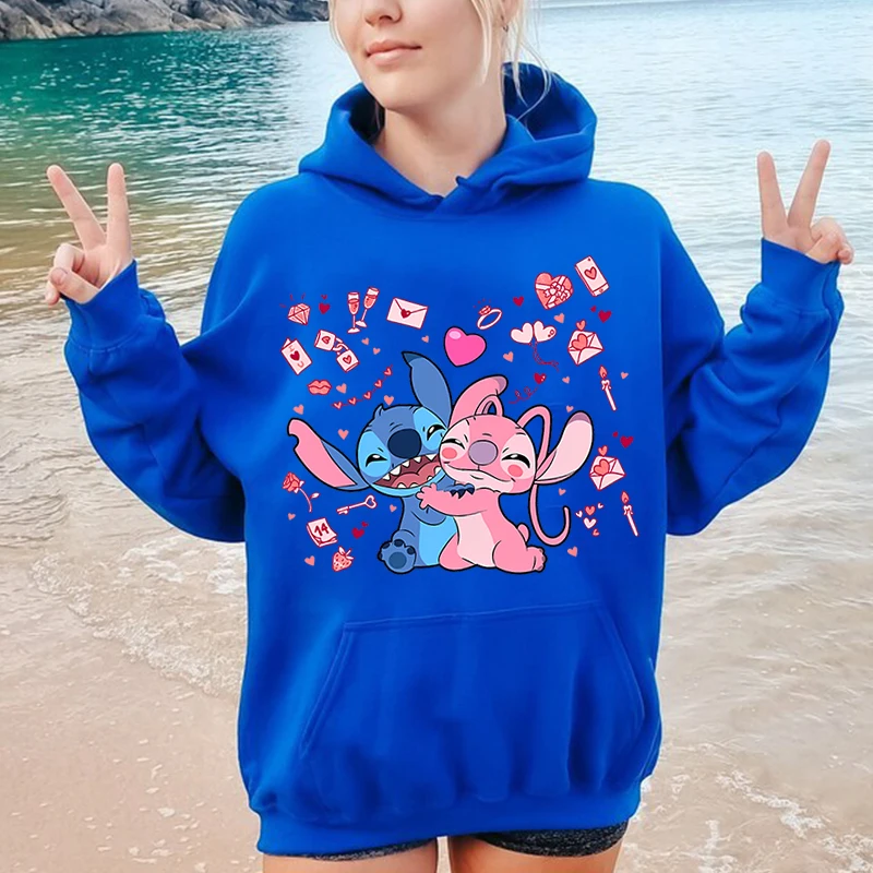 Vintage Disney Lilo and Stitch Couple Valentine Hoodies Women's Casual Sweater Loose Tops Holiday Gift