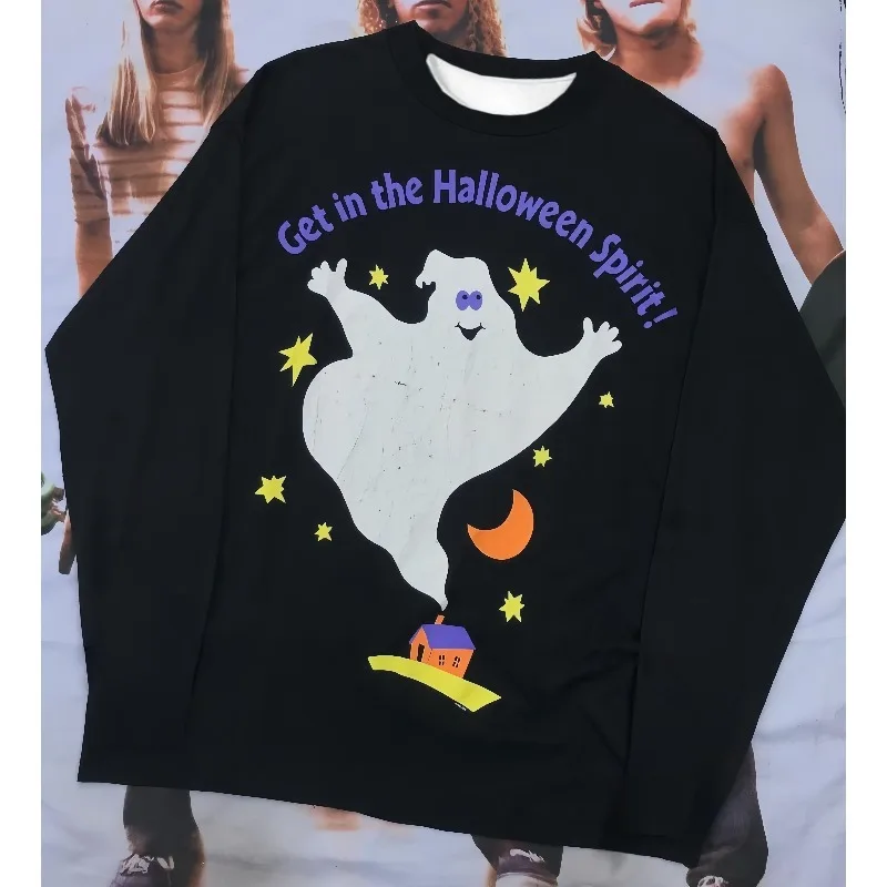 

Halloween 3D Printed Long Sleeved Loose and Versatile Quick Drying Top with Halloween Elements, Trendy for Both Men and Women