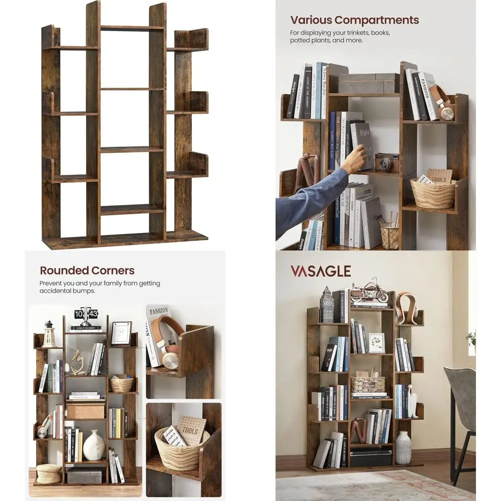 

Bookshelf, Tree-Shaped Bookcase with 13 Storage Shelves, Rounded Corners, 9.8”D x 33.9”W x 55.1”H, Rustic Brown ULBC67BXV1