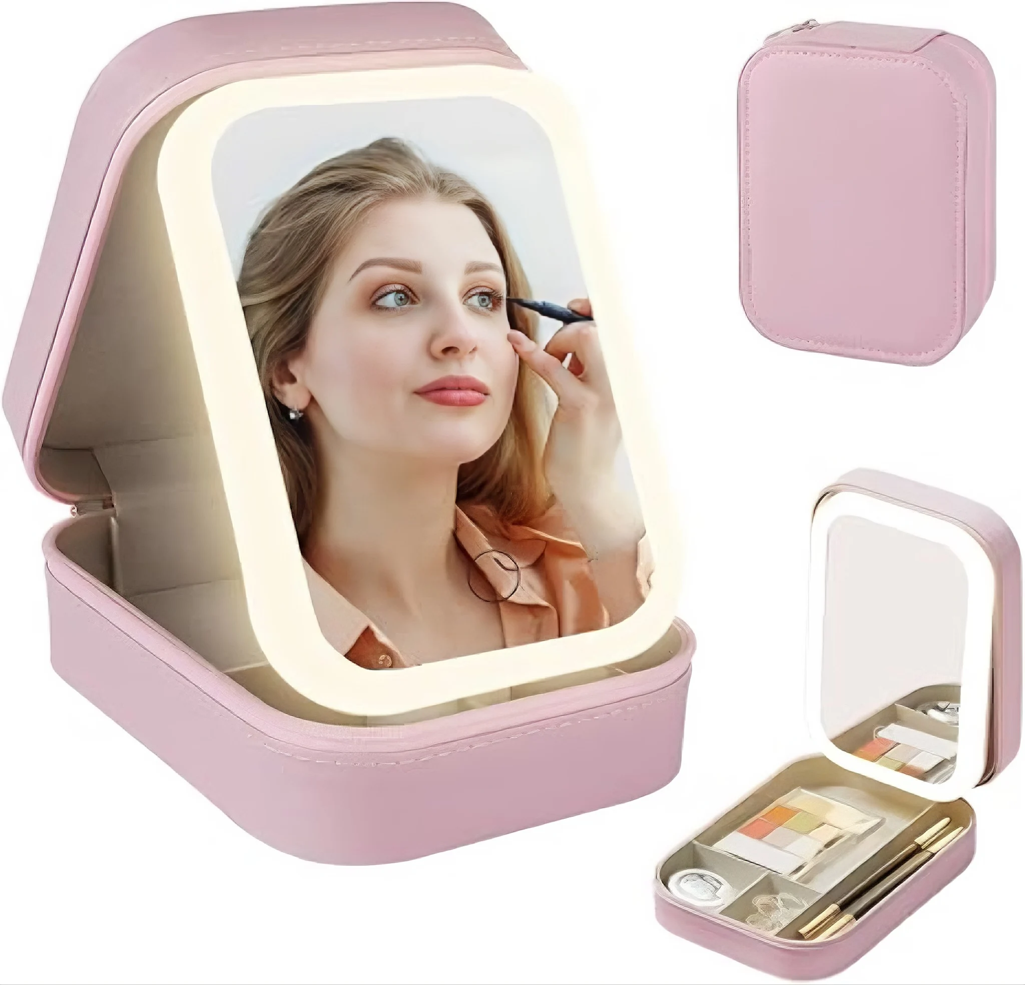 Makeup storage Integrated LED light filling mirror, portable makeup case, suitable for ladies and girls (pink/green/white/black)