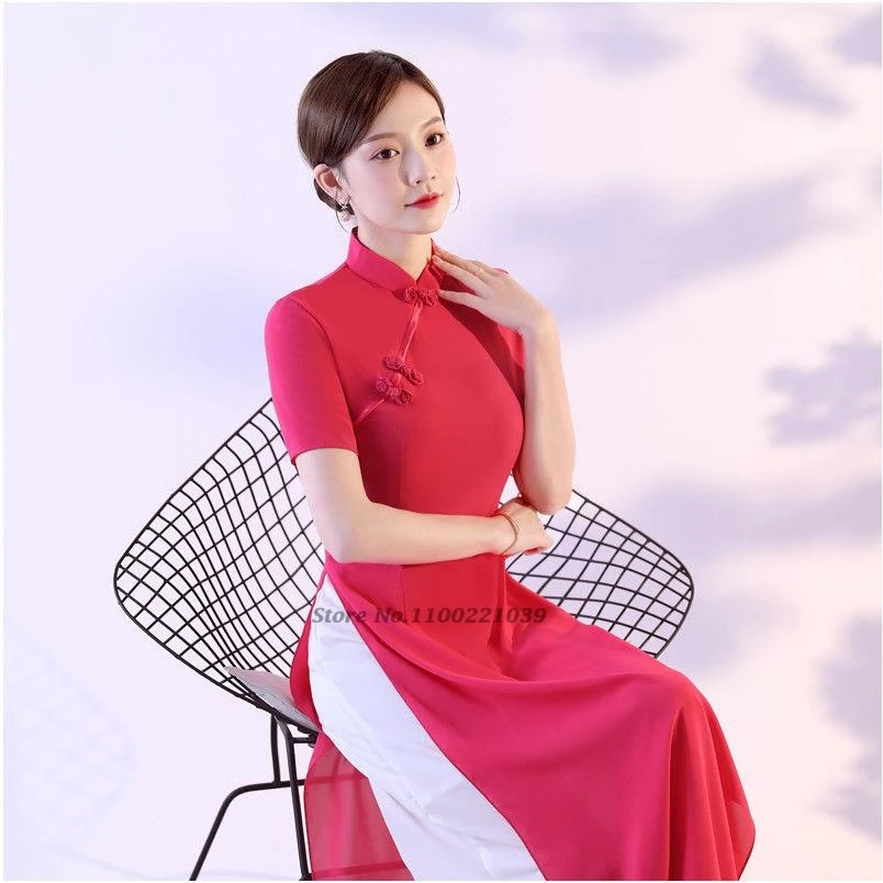 

2026 Вьетнамский аодай, традиционный китайский комплект: платье-ципао + брюки, национальный аодай, элегантное праздничное платье, восточный ципао.