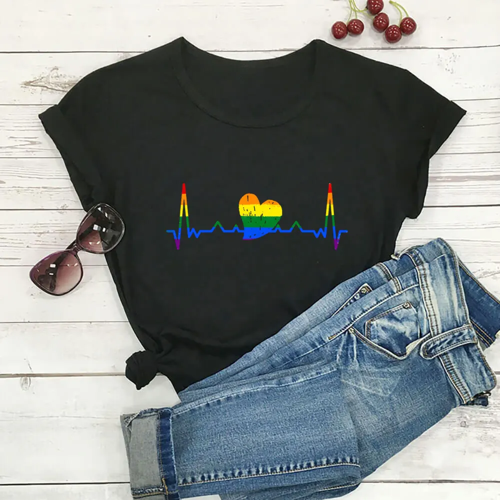 

LGBT Shirt Rainbow Heartbeat Graphic Print 100%Cotton Women Tshirt Unisex Summer Casual Short Sleeve Top Gift for Her