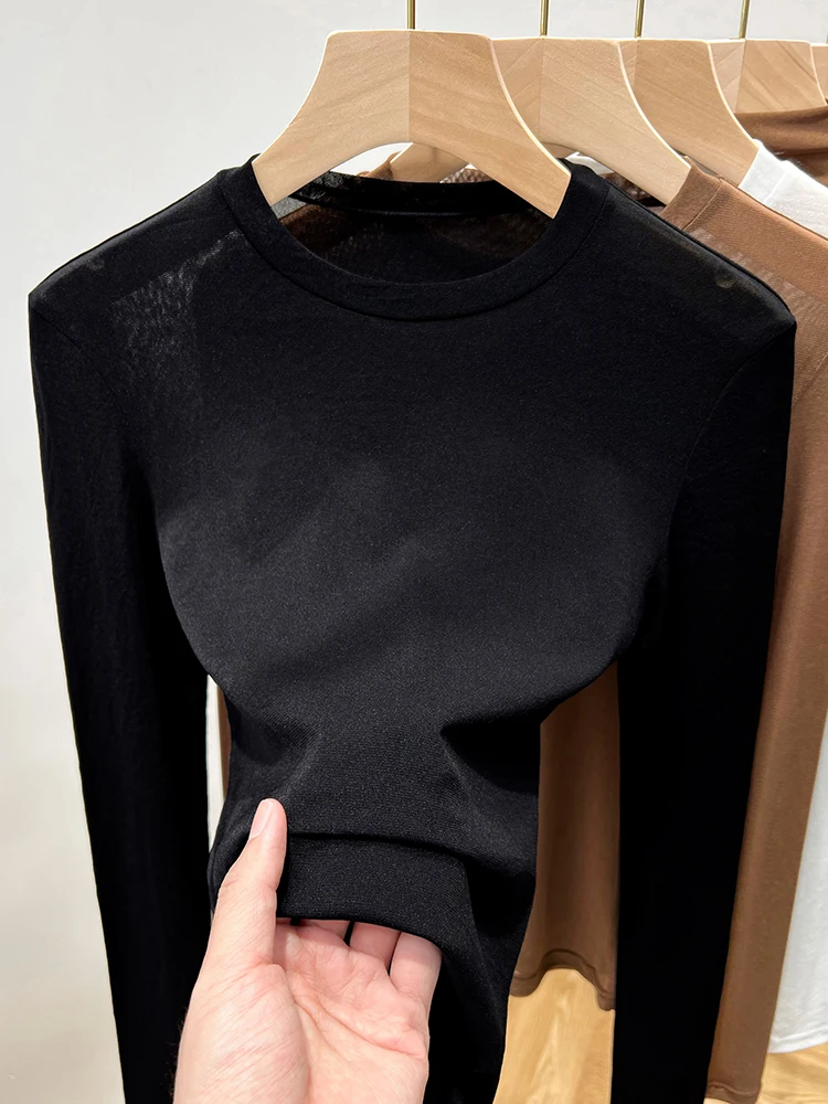 

Women's round Ne Lace Me Base irt Transparent Sexy Bla Thin T-irt Inner Wear Slim Fit Long Sve mid Length