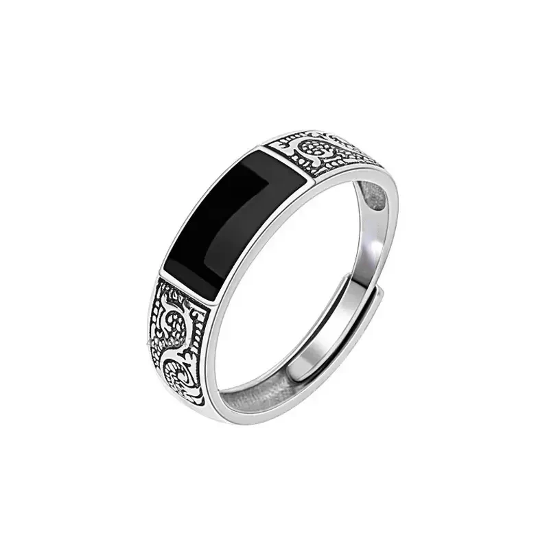 Trend ige Mode Silber Ring für Männer Schmuck schwarz Rechteck Retro Drachen muster Ring männlich Infex Finger Accessoires offen