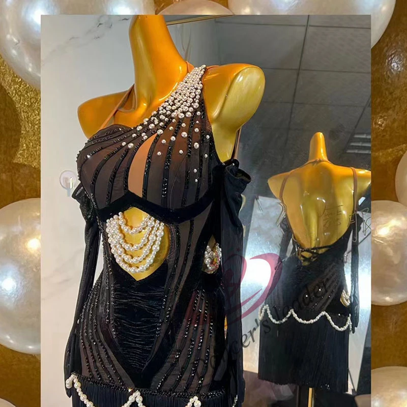 Vestido de pérola personalizado para mulheres e crianças, competição de dança latina, performance rumba tango high end