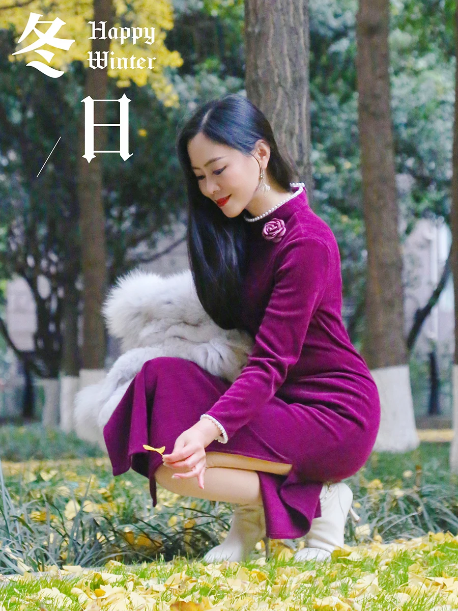 Young High-End Dragon Fruit Chenille Cheongsam Spring and Autumn New Elegant Casual Clothes Dress