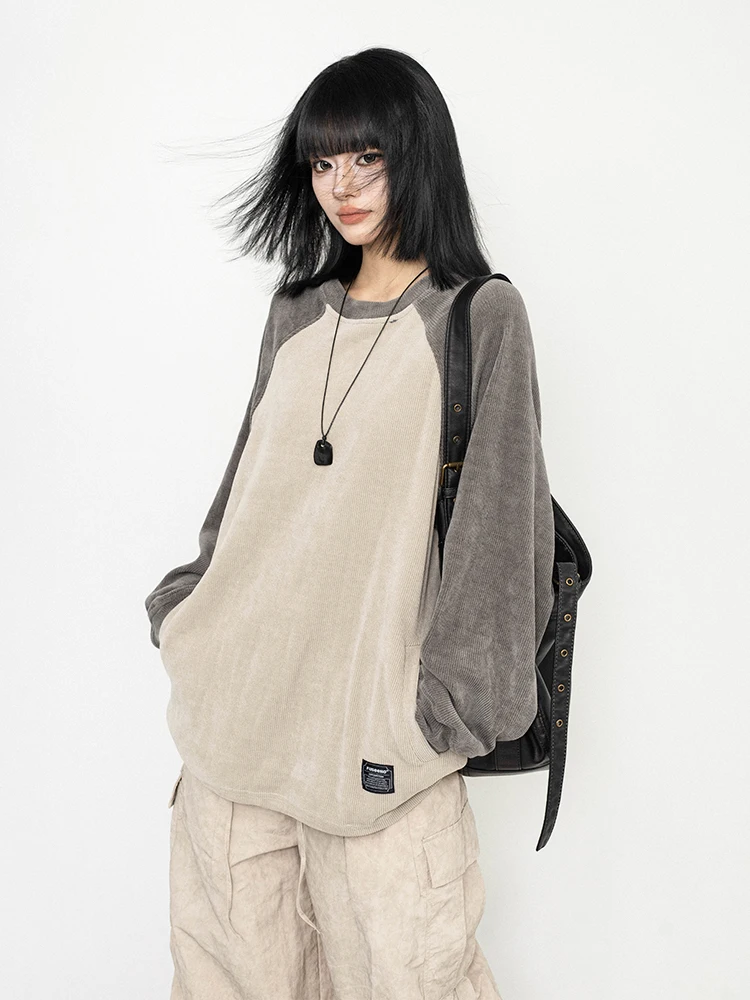 

OCTTFLAB American Retro Patchwork Loose Casual Long Sve round Ne Sweatirt T-irt Versatile Top for Men And Women