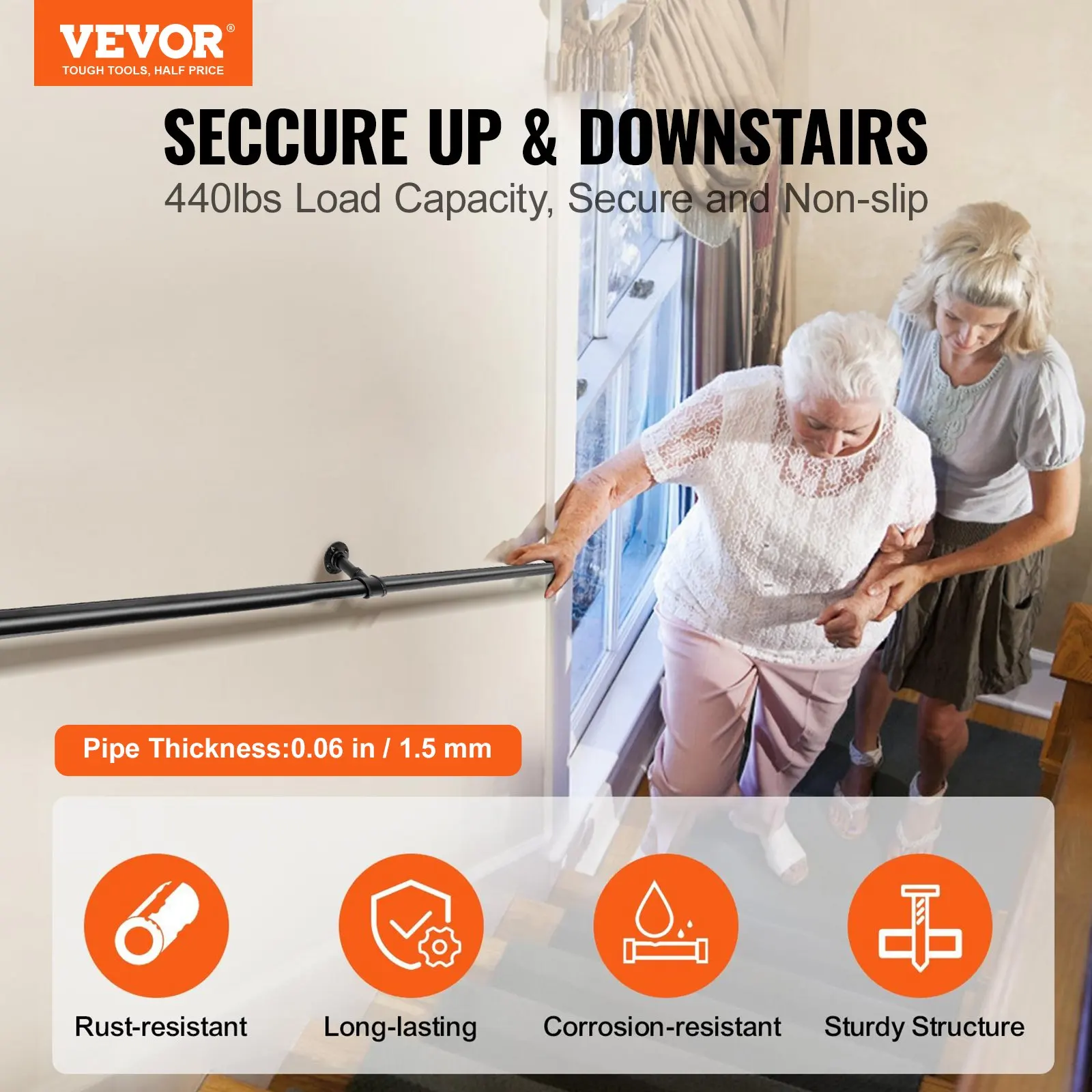 Pipe Stair Handrail, 6FT Staircase Handrail, 440LBS Load Capacity Carbon Steel Pipe Handrail, Industrial Pipe Handrail With