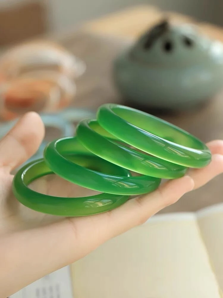 

Lime natural chalcedony bracelet, spinach green high ice agate bangle, narrow band for young mothers and women