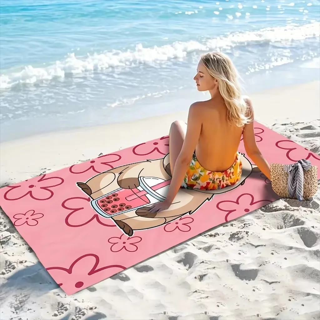 Capybara Bubble Tea Beach Towel, Cartoon Design Quick Dry Absorbent for Swimming Fitness Exercise Travel Pool Gift