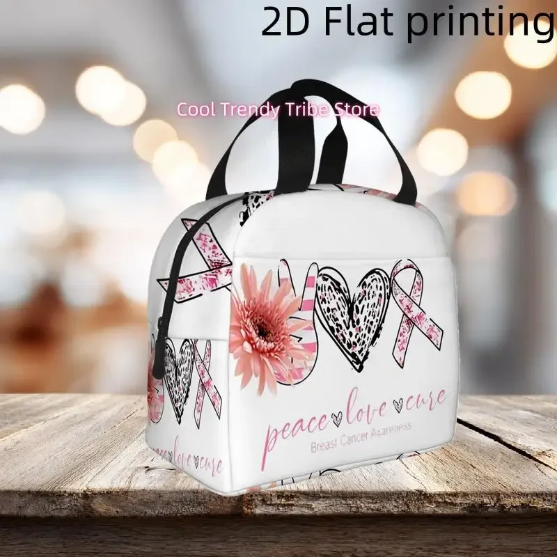 1pc, Design Promoting Peace, Love, And Breast Cancer Awareness. Printed Insulated Cooler Bag - a Reusable Portable Bag for Hot A