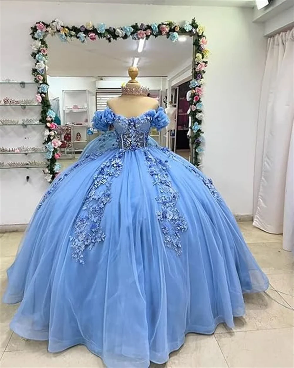 تخصيص كشكش قبالة الكتف فساتين Quinceanera تول ثلاثية الأبعاد زهرة مشد الكرة ثوب بريق مطرز فراشة الحلو 15 16 فساتين #1