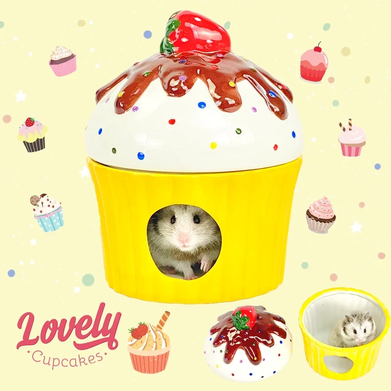 Lovely Cute Cup Cake Design Hamster Ceramics Nest for Summer Small Pet Cooling Shed House for Rats Guniea Pig Hamster Cages