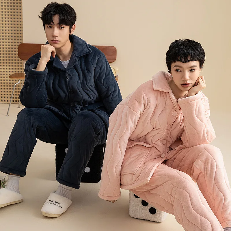 Korean New Coral Velvet Couple Pajama New Women and Men Winter Three-layer Warm Loungewear Plush Velvet Homewear roupa de dormir