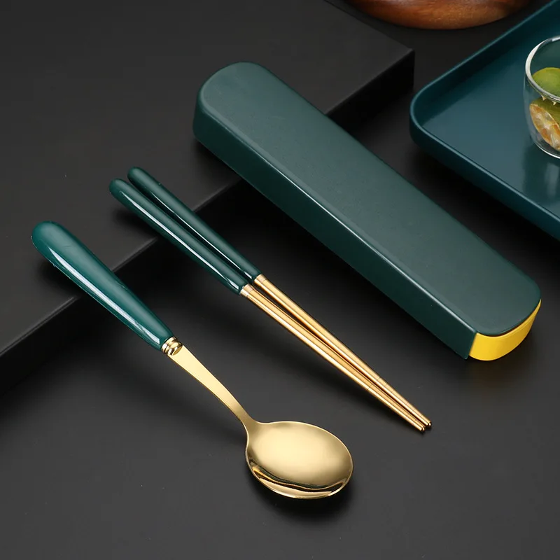 Ceramic Handle Stainless Steel Cutlery Set Gold Tableware Portable Travel Dinnerware with Box Chopsticks Spoon Kitchen Utensils