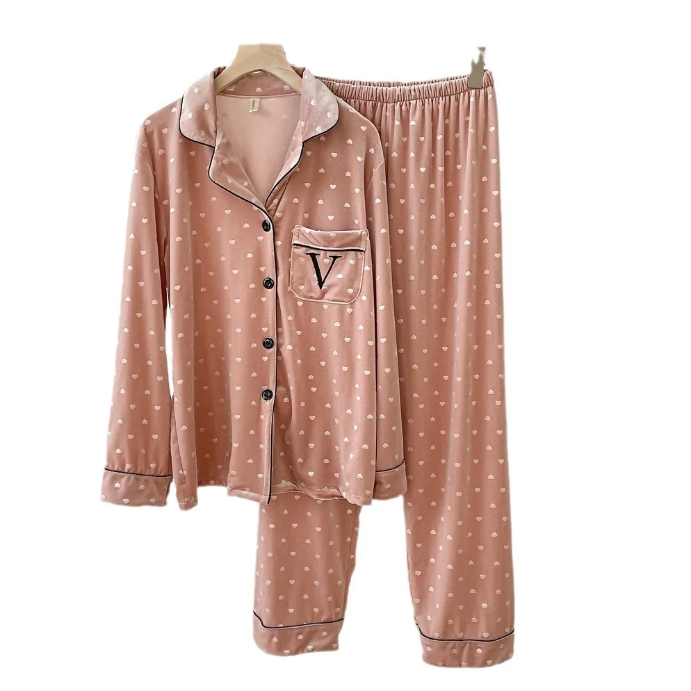 Warm Velvet Pajamas Set Long Sleeve Homewear Lady Elegant 2Pcs Top&pants Autumn Winter New Sleepwear Print Love Pyjamas Suit