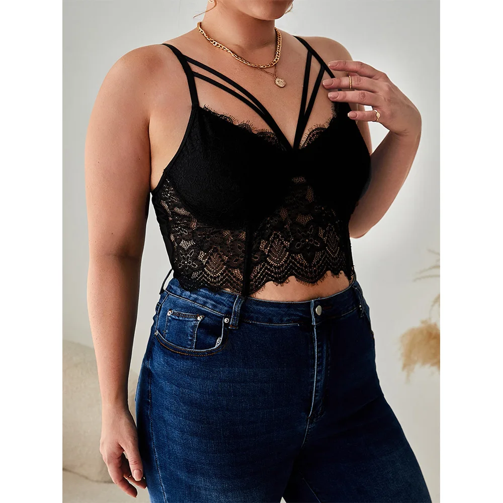 

Plus Size Women's Lace Hollowing Mesh See Through Sleeveless Crop Top Ladies Sexy Embroidery Floral Halter Camisole Vneck Corset