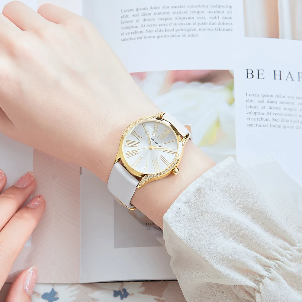 ミニフォーカス-女性用エレガントクォーツ時計,ダイヤモンドケース,本革ストラップ,防水,mf0259l