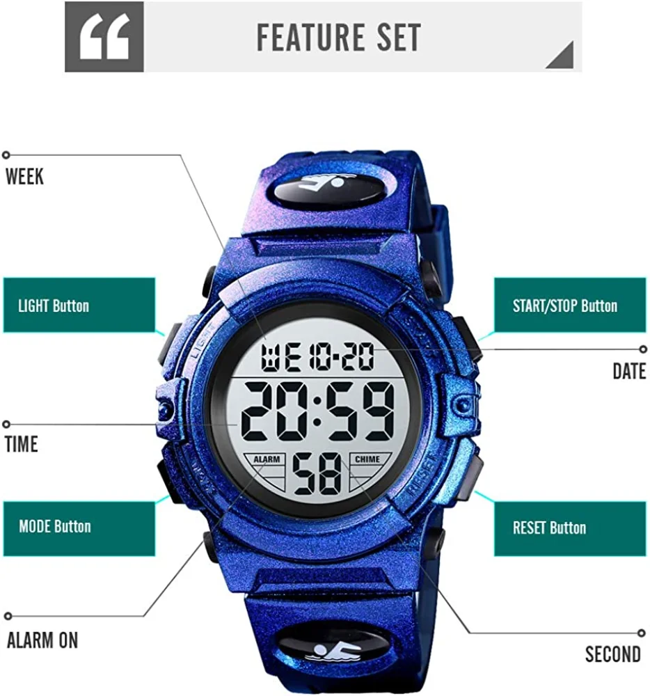 Kids Sports Digital Watch Waterproof Outdoor Kids Watches Alarm Clock Stopwatch Calendar 3-15 Year Old Boys Girls Wristwatch