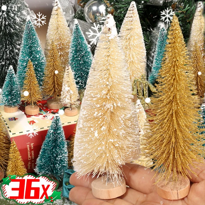 9/36pcs Miniature Artificial Christmas Tree Mini Sisal Snow Landscape Xmas Tree Ornament DIY Tabletop Festival Party Decorations