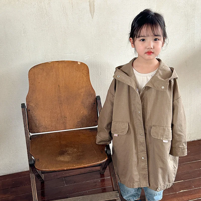 Spring Autumn Kids Coats solid color Mid-length windbreak Boys and girls oversized trench jackets