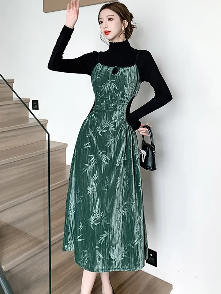 Women Green Print Velvet Sling Long Dress Autumn Winter Chi Backless Sexy Club Prom Dresses 2024 Korean Vintage Elegant Vestidos