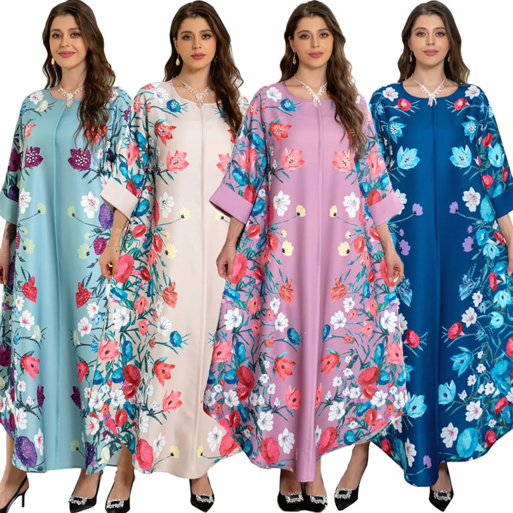 

Floral Abaya for Women Printed Eid Ramadan Muslim Long Dresses Moroccan Kaftan Gulf Jalabiya Islam Dubai Turkish Modest Dress