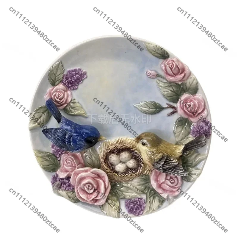 3D Red Rose Bird Pattern Decorative Wall Plate, Porcelain Hanging Dish Figurine, Vintage Art Craft Ornament for Home