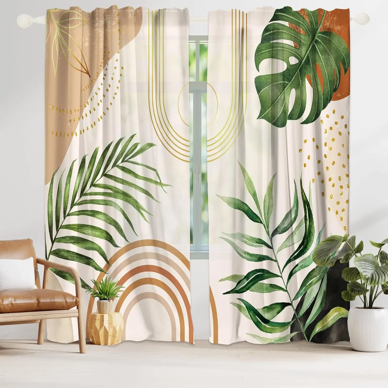 Tropical Leaf Curtains Monstera Palm Print with Gold Geometric for Living Room Bedroom Window Decor