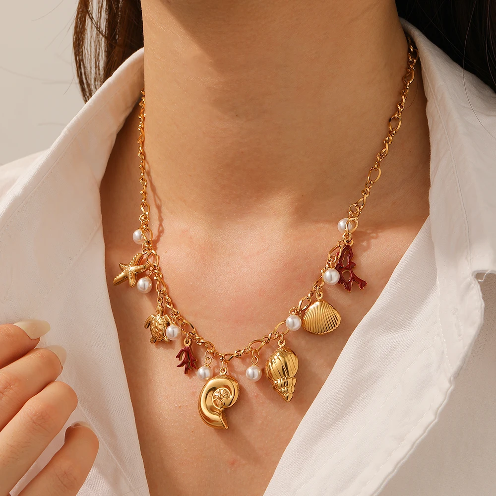 Cross-border Fashion Niche Design Diamond Starfish Conch Coral Oil-Drop Pendant Bamboo Chain Personalized Sporty Unisex Necklace